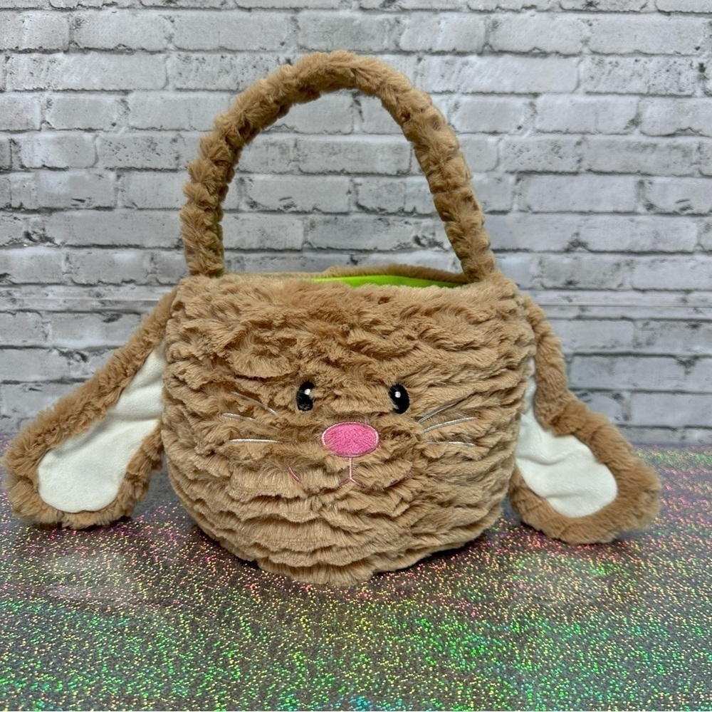 Animal Adventures Tan Bunny Rabbit EASTER BASKET Cuddly Plush Green Fabric Lined